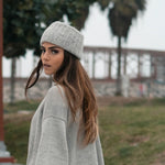 Load image into Gallery viewer, gray ribbed alpaca ear warmer on model
