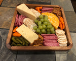 Load image into Gallery viewer, square kalmar home aalborg acacia wood serving tray filled with charcuterie, cheese, fruit and vegetables
